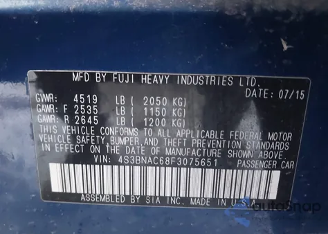 2015 Subaru Legacy 2.5I Premium z USA, uszkodzony, nr VIN 4S3BNAC68F3075651